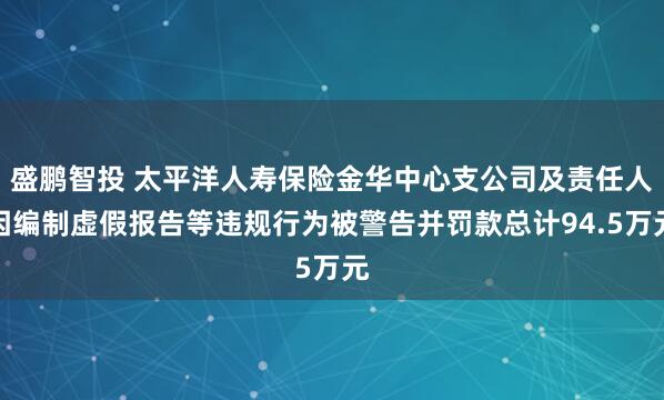 盛鹏智投 太平洋人寿保险金华中心支公司及责任人因编制虚假报告等违规行为被警告并罚款总计94.5万元